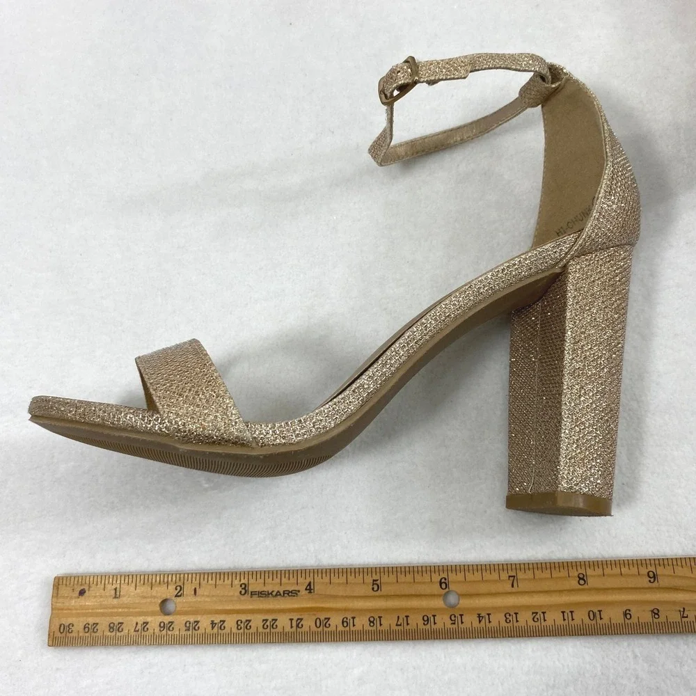 Womens Gold Glitter Ankle Strap Block Heels Size 8 Open Toe Sandals Party Shoes